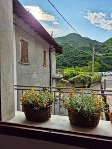Zwei Blumenkörbe auf einer Fensterbank auf einem Balkon in der Unterkunft Appartamento in struttura indipendente Appartamenti di Mezzo in Cecino + 6 Fotos