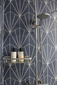 a bathroom with a blue and white tiled wall at Blarney Street in Cork