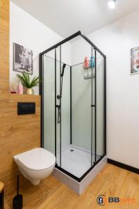 eine Glasdusche in einem Badezimmer mit Toilette in der Unterkunft Apartament pod Prezydentem in Bielsko-Biała + 15 Fotos