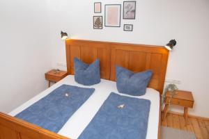 a bedroom with a bed with blue pillows at Altstadtwohnung mit Salzachblick in Burghausen