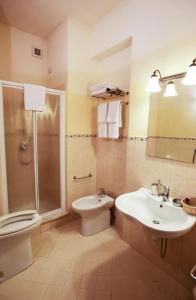 une salle de bain avec toilettes, lavabo et douche dans l'établissement Historic Farmhouse Overlooking San Gimignano, à San Gimignano