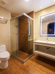a bathroom with a shower and a toilet and a sink at Hotel Rennova in La Paz