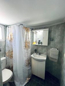 アテネにあるKontaStudioのシャワーカーテンと洗面台付きのバスルーム