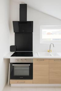 eine Küche mit Herd und Spüle in der Unterkunft DeLuxe Studio Lumineux, Rénové, Parking Gratuit, MULHOUSE CENTRE in Mulhouse