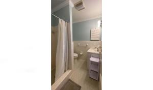 a bathroom with a shower and a toilet and a sink at Hollybourne II in Jekyll Island +19 photos