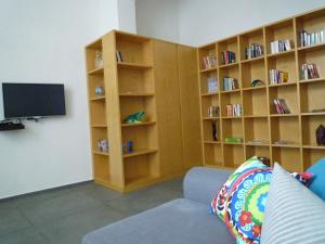 a living room with wooden book shelves and a tv at The Frog's Hideaway in Bologna