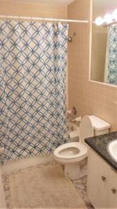 a bathroom with a toilet and a shower curtain at Ariel West Duplex in Jekyll Island