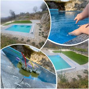 a collage of four pictures of a swimming pool at Gracarjeva domačija in Mišji Dol
