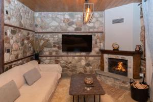 Bacco Village House في موزاكيون: غرفة معيشة مع أريكة ومدفأة +23 صورة