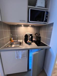 a small kitchen with a sink and a microwave at Appart'Hotel - Gare TGV - Courtine - Confluence - 411 in Avignon