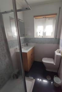 ein Badezimmer mit Toilette, Waschbecken und Dusche in der Unterkunft Tour House in Pedrouços