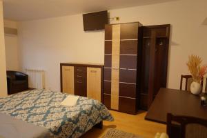 a bedroom with a bed and a cabinet and a desk at Hotel Mina in Craiova