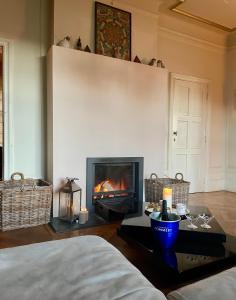 那慕尔Le Castel Mosan的带壁炉和桌子的客厅