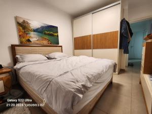 ein Schlafzimmer mit einem Bett und einem Gemälde an der Wand in der Unterkunft דירה לאירוח בכרמיאל מלון in Karmi’el