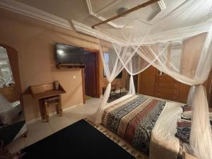 um quarto com uma cama com cortinas e uma televisão em OAsis du VoyAgeuR a peaceful appartement for stop over em Abidjan mais 14 fotografias