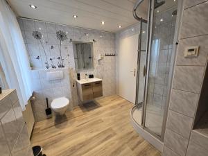 a bathroom with a shower and a toilet and a sink at Haus Blume in Medebach