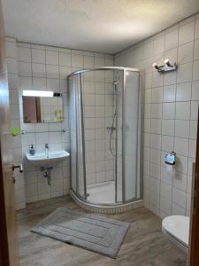 a bathroom with a shower and a sink at Landhaus Antonia in Seefeld in Tirol +53 photos