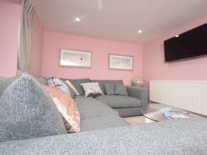 un soggiorno con divano grigio e pareti rosa di 2 Bed in Wroxham 56104 a Hoveton