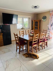 a dining room with a table and a dog laying on the floor at Zajazd Jędruś - Domki Całoroczne in Idzików