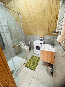 a bathroom with a shower and a sink and a washing machine at Zajazd Jędruś - Domki Całoroczne in Idzików