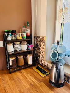 a kitchen with a shelf with pots and pans at Zajazd Jędruś - Domki Całoroczne in Idzików