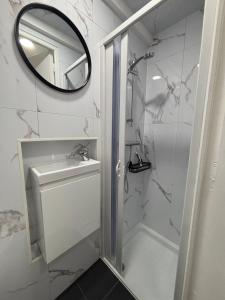 a bathroom with a shower and a sink and a mirror at le cocon valenciennes gare in Valenciennes