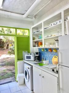 a kitchen with a washer and a green door at Paradise View in Gros Islet +59 photos