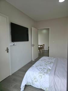 弗利康弗拉克Sea'Amore - Luxury Premium Beach Apartment的一间卧室，里面有一张床和一台平板电视