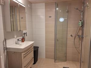 Un baño con lavabo y ducha en Ihana kaksio lähellä luontoa!, en Tampere