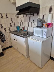 a small kitchen with a microwave and a sink at Le Lagon in Saint-Gaudens