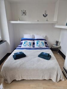 a bedroom with a bed with two pillows on it at Le Lagon in Saint-Gaudens