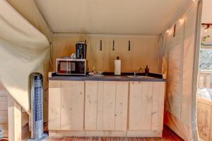 - une cuisine avec un comptoir et un four micro-ondes dans la chambre dans l'établissement Glamping Getaway on Winery in Hill Country, à Johnson City
