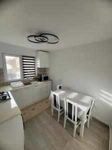 eine Küche mit einem Tisch und Stühlen in einer Küche in der Unterkunft Casa Lumi in Petrila