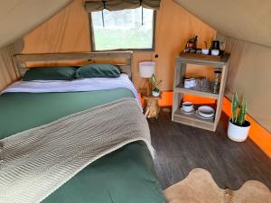 a bedroom with a bed in a tent at Safari Tent Retreat by SpaceX & Boca Chica Beach! in Colonia Acres
