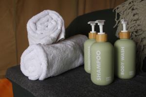 a towel and two bottles of soap and a blow dryer at Safari Tent Retreat by SpaceX & Boca Chica Beach! in Colonia Acres +13 photos