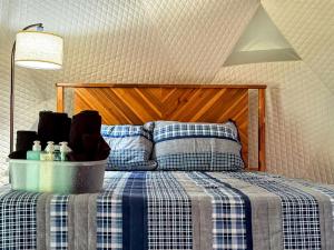 a bedroom with a bed with a blue and white checked blanket at Luxury Catskill Mountains Dome Retreat in Gilboa