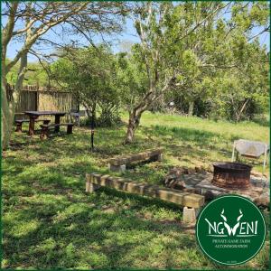 einen Park mit einem Grill und einem Picknicktisch in der Unterkunft Wellust Bush Cottage at Ngweni Private Game Farm in Hluhluwe