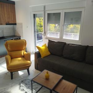 ein Wohnzimmer mit einer Couch und einem Sessel in der Unterkunft Cera avangarda apartment in Bukorovac + 11 Fotos