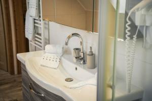 um banheiro com pia e chuveiro em Gesundheitsbauernhof -Landhof - Offenbacher em Seckau mais 29 fotografias