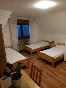 a room with three beds and a table with a plant at Janicek in Ząb +14 photos