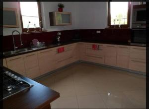 une cuisine avec des armoires en bois et un sol carrelé dans l'établissement Janicek, à Ząb