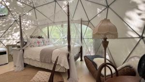 Giường trong phòng chung tại Cozy Off-Grid Dome Retreat in the Woods