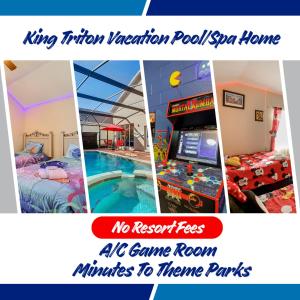 un collage d'une chambre d'hôtel avec une piscine et un jeu vidéo dans l'établissement Spacious Villa W Pool, Spa & Game Room, à Orlando