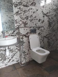 ein Badezimmer mit einer weißen Toilette und einem Waschbecken in der Unterkunft Aetheria Estate Retreat in Chikmagalur