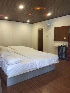 ein Schlafzimmer mit einem großen weißen Bett in einem Zimmer in der Unterkunft Aetheria Estate Retreat in Chikmagalur