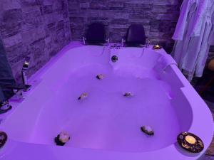 eine große lila Badewanne mit zwei Stühlen darin in der Unterkunft Dubai Spa Apartments - Jacuzzi, Sauna & Free Parking in Veternik