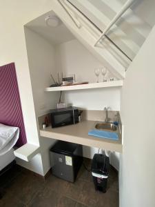 a small kitchen with a sink and a microwave at Finca Hotel Los Guayacanes in San JosÃ©