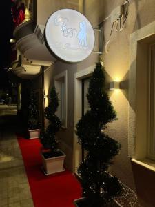 La Romantique Rooms and Apartments TROPEA في بارغيليا: متجر مع أشجار عيد الميلاد على السجادة الحمراء