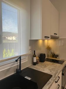 eine Küche mit Spüle und Fenster in der Unterkunft Taras Studio in Karavádhos