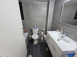 a bathroom with a toilet and a sink and a tub at Neveh Shamir Staycation in Beit Shemesh